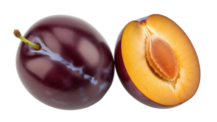 Isolated ripe plums halved and whole close-up, healthy seasonal purple fruit, fruit pit core