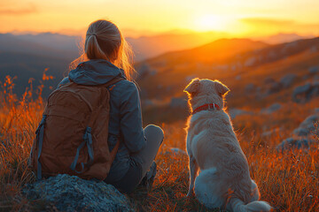 Young woman with backpack sitting on grassy hillside beside her dog, both watching a glowing sunset over distant mountain peaks in a peaceful outdoor landscape.