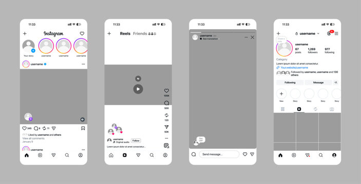 Instagram post frame mockup template with new 2026 grid size update, including post, feed, reels, story, search and profile scroll carousel, designed as a social network app interface vector layout.
