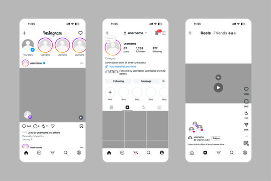 Instagram post frame mockup template with new 2026 grid size update, including post, feed, reels, story, search and profile scroll carousel, designed as a social network app interface vector layout.