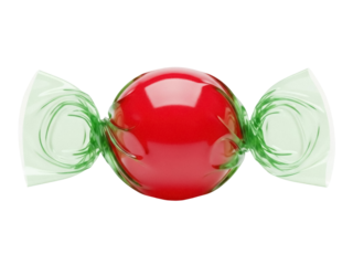 Isolated red hard candy wrapped in cellophane, a sweet sugar confection or treat snack
