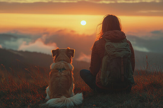 Woman with backpack sits beside her dog on a grassy hilltop, peacefully watching a warm golden sunset over misty mountains, evoking calm, companionship, and reflection.