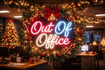 Neon "Out Of Office" sign in bold letters, integrated within a festive Christmas wreath. The wreath features greenery adorned with red and gold ornaments, candy canes, and a red bow