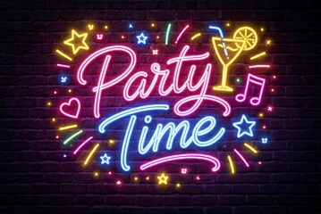 Neon sign featuring the words "Party Time" in vibrant pink and blue hues, set against a dark brick wall. Surrounding elements include neon stars, musical notes, a cocktail glass with a lemon slice 