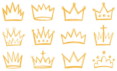 Hand drawn golden crowns set in doodle style isolated white background yellow