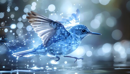 Blue Glass Bird Sculpture Focuses on the sleek, silver and blue avian art piece