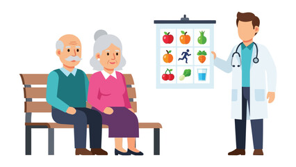Doctor's Consultation: The doctor explains the diet chart to the elderly couple to explain how important healthy eating is and keep fit.