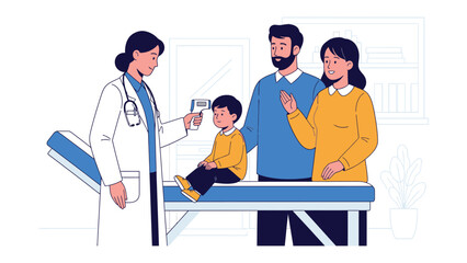 Health Check in Clinic: A doctor, equipped with a thermometer, examines a child's temperature, while the parents stand by, displaying a scene of care and medical support.