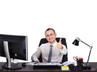 Businessman wearing tie sitting using computer at the office doing happy thumbs up gesture with hand
