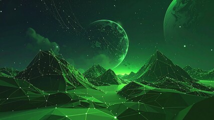 Green alien landscape with planets and network lines