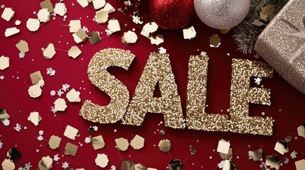 Shimmering letters spell out sale against a rich red backdrop, inviting customers to explore amazing deals and discounts