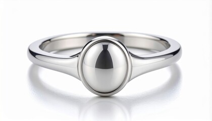 Silver Solitaire Ring with Oval Stone on White Reflective Surface