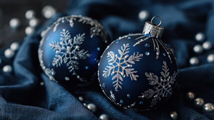 Deep blue glass ornaments decorated with silver snowflakes rest upon draped fabric