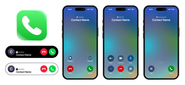 iPhone Call Phone app UI screen vector design showing Calling, Voicemail, Keypad and Calls pages with notifications and Dynamic Island, updated for iOS 26 in 2026 on iPhone 17 Pro.