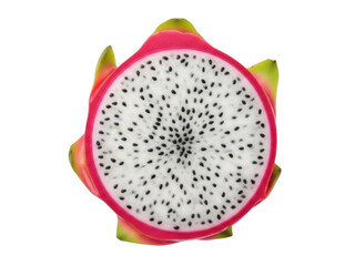 Isolated cross-section of a dragon fruit, with distinctive pink skin and spotted white flesh