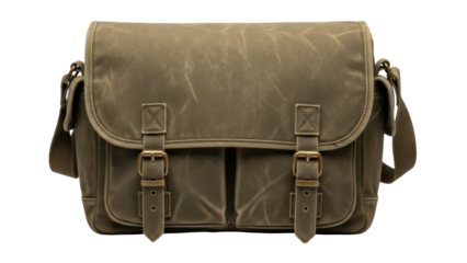 Isolated khaki waxed canvas shoulder bag with adjustable buckles, convenient and durable