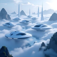 Futuristic Flying Vehicles Above Cloud City with Sci Fi Architecture, Generated AI