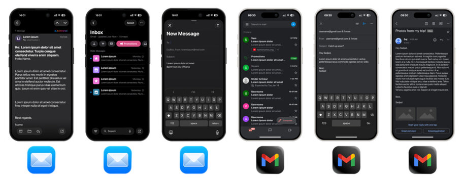 iPhone Mail app with Gmail UI screen vector design showing Inbox, Sent Mail and New Mail pages, updated for iOS 26 in 2026, displayed on iPhone 17 Pro with modern email interface.