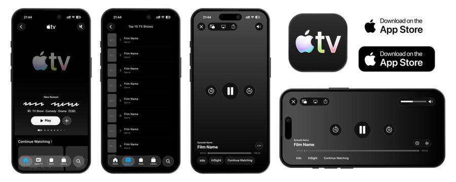 Apple TV iOS app UI screen vector design showing Home, Apple TV, Store and Library pages, updated for iOS 26 in 2026, displayed on iPhone 17 Pro with a modern media interface.