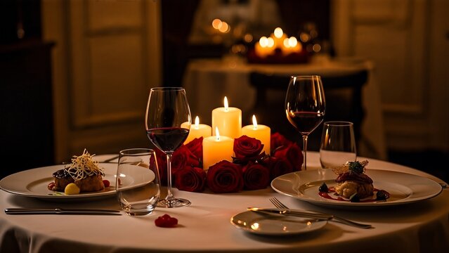 Romantic Valentine's Day dinner setup with love, heart, and gift on a beautifully decorated table