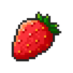 Obraz premium Pixel strawberry isolated on transparent background. Pixelated badge, video game asset or computer arcade item. Berry icon. Vector pixel art illustration in 16 bit old style.