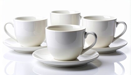 Fototapeta premium Four White Ceramic Coffee Cups and Saucers on White Reflective Surface