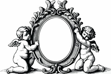 An ornate frame held by two cherubic figures in a vintage style