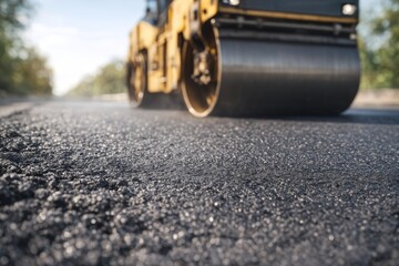 A close-up shot of a road roller compacting freshly laid asphalt on a sunny day, highlighting construction machinery in action.