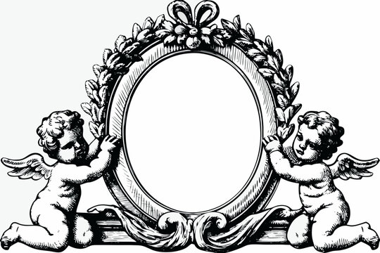 Vintage ornate frame with cherubs and floral decorations black and white illustration