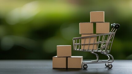 A small shopping cart stands beside a tower of brown boxes in a natural outdoor environment filled with greenery and sunlight