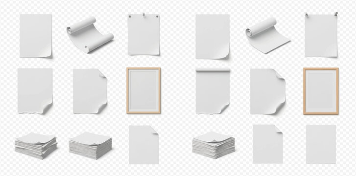 Set of white paper sheets with curled corners, torn edges, and stacks on a transparent background.