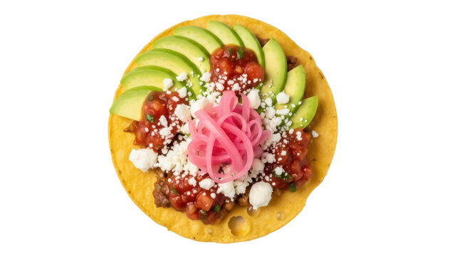 Isolated tostada with avocado, beef, salsa, pickled onions, and queso fresco in a corn tortilla