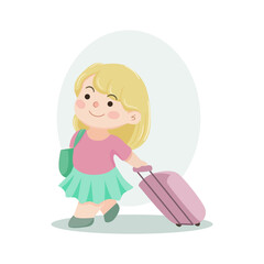 A chibby kawaii girl with suitcase goes to airport for travelling around the world vector illustration. Perfect element for fashion, card, merchandise, web design, wallpaper, travel business.