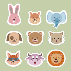Set of funny animal faces. Animal icons vector design. Bunny, squirrel, elephant, puppy, bear, cat, fox, rhino, lion faces icons