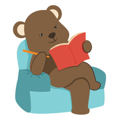 An isolated studying animal character vector illustration. A cute bear reading a book while sitting on a couch. Perfect element for kids stuff design, merchandise, seamless pattern, fabric.
