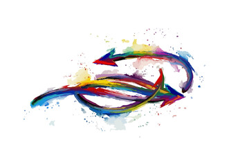 Abstract colorful watercolor arrows moving in opposite directions with splash effect on white background. Creative brush stroke arrows representing recycling, cycle, and dynamic movement. Vector art