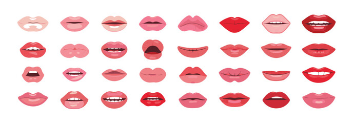 Minimalist continuous line art drawing of female lips in various poses on white vector