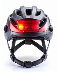 Fototapeta premium Gray Bicycle Helmet with Red Rear Light on White Background Reflective Surface