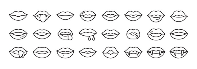 Set of  black outline lip icons with various expressions on white background for design