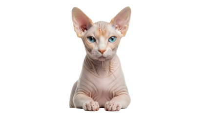 Isolated Sphynx cat with blue eyes, lying down and looking at the camera in studio shot
