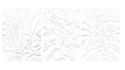 Three examples of crumpled white paper with distinct textures and shadow variations, ideal for graphic design backgrounds