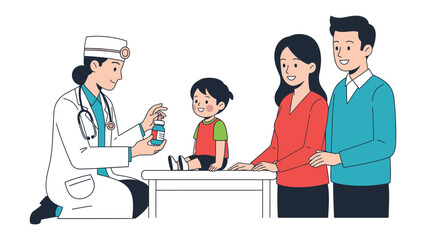 Fototapeta premium Consultation of Pediatrician: In a calm office setting, a pediatrician carefully shows a young boy a bottle, the child's parents attentively watching.