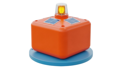Isolated Solar-Powered Navigation Buoy atop Blue Base, Equipped with a Yellow Warning Light