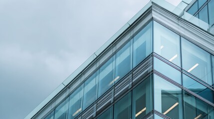 Obraz premium Modern glass office building corner with geometric facade lines and soft overcast sky creating calm urban atmosphere