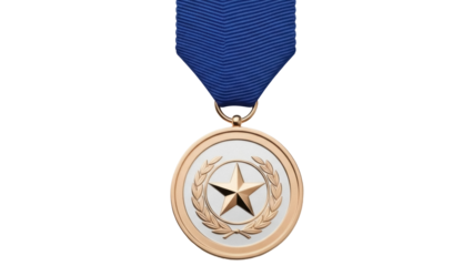 Isolated medal of honor featuring a star, laurel wreath, and blue ribbon for recognition