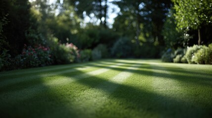 Manicured green lawn with striped mowing pattern in sunlit garden bordered by shrubs and flowering plants, peaceful late afternoon light and soft shadows creating serene mood