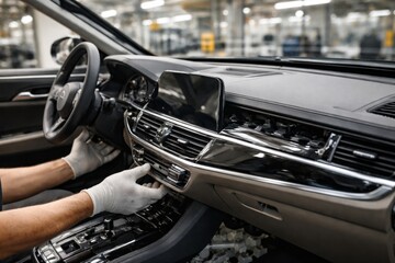 Obraz premium A male technician in gloves adjusts the controls of a luxury car's interior, showcasing attention to detail in the automotive industry.