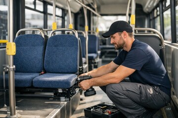 Obraz premium A male technician, dressed in a navy shirt and cap, repairs bus seats with a power drill inside a city transit bus.