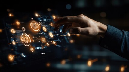 Bright blue icons light up a touchscreen as hands navigate through digital settings in a futuristic workspace filled with technology