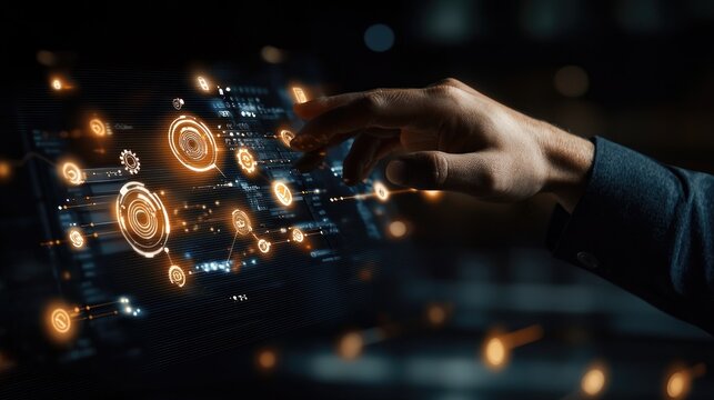 Bright blue icons light up a touchscreen as hands navigate through digital settings in a futuristic workspace filled with technology - Powered by Adobe